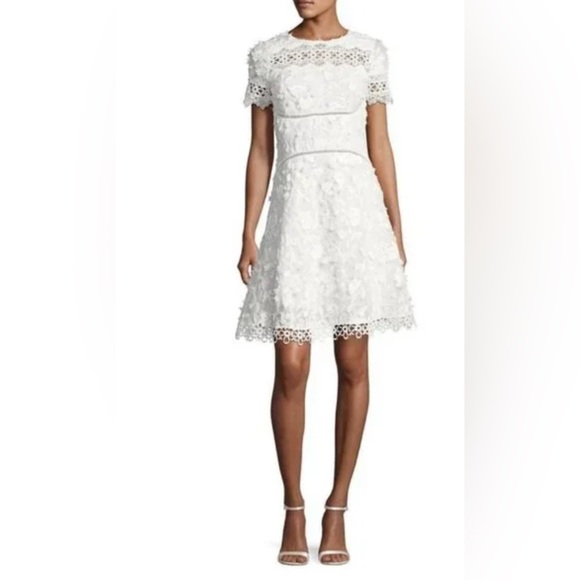 Elie Tahari Dress Sz. 6 Adina White Floral Embroidered Applique & Lace Jewel